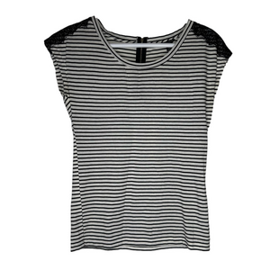 Ann Taylor Black White Striped Shirt Top Tee T-shirt Lace Detail cotton XS